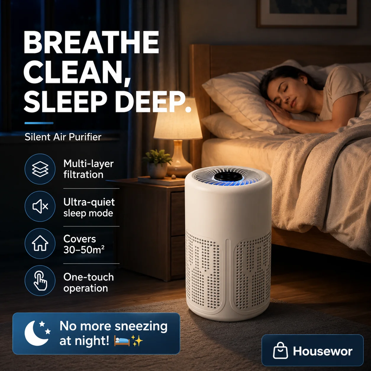 🥳2026 HOT SALE🥳💞50K+ SOLD!💐🔇 50% OFF! Silent Air Purifier – Multi‑layer filtration, ultra‑quiet sleep mode. Covers 30‑50m², one‑touch operation. Breathe clean, rest easy. No more sneezing at night! 🛌✨