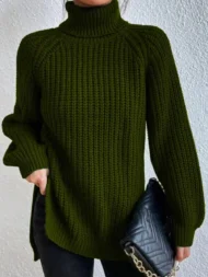 Cotton Turtleneck Raglan Sleeve Split Hem Sweater - Image 3