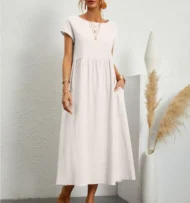 Solid Color Sleeveless Loose Cotton and Linen Pocket Dress - Image 3