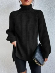 Cotton Turtleneck Raglan Sleeve Split Hem Sweater - Image 8
