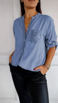 🔥2025 HOT SALE🌸Cotton V-neck Sequin Mid-sleeve Casual Top - Image 4