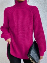 Cotton Turtleneck Raglan Sleeve Split Hem Sweater - Image 2