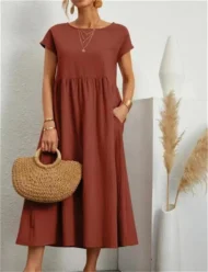 Solid Color Sleeveless Loose Cotton and Linen Pocket Dress - Image 5