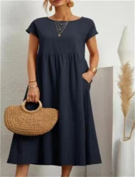 Solid Color Sleeveless Loose Cotton and Linen Pocket Dress - Image 6