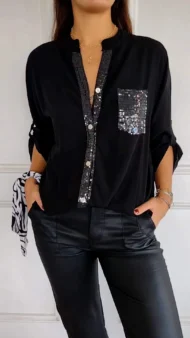 🔥2025 HOT SALE🌸Cotton V-neck Sequin Mid-sleeve Casual Top - Image 8