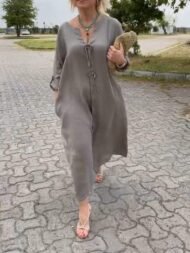 Casual V-neck Cotton and Linen Dress - Image 3