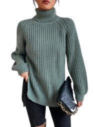 Cotton Turtleneck Raglan Sleeve Split Hem Sweater - Image 6