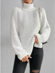 Cotton Turtleneck Raglan Sleeve Split Hem Sweater - Image 7